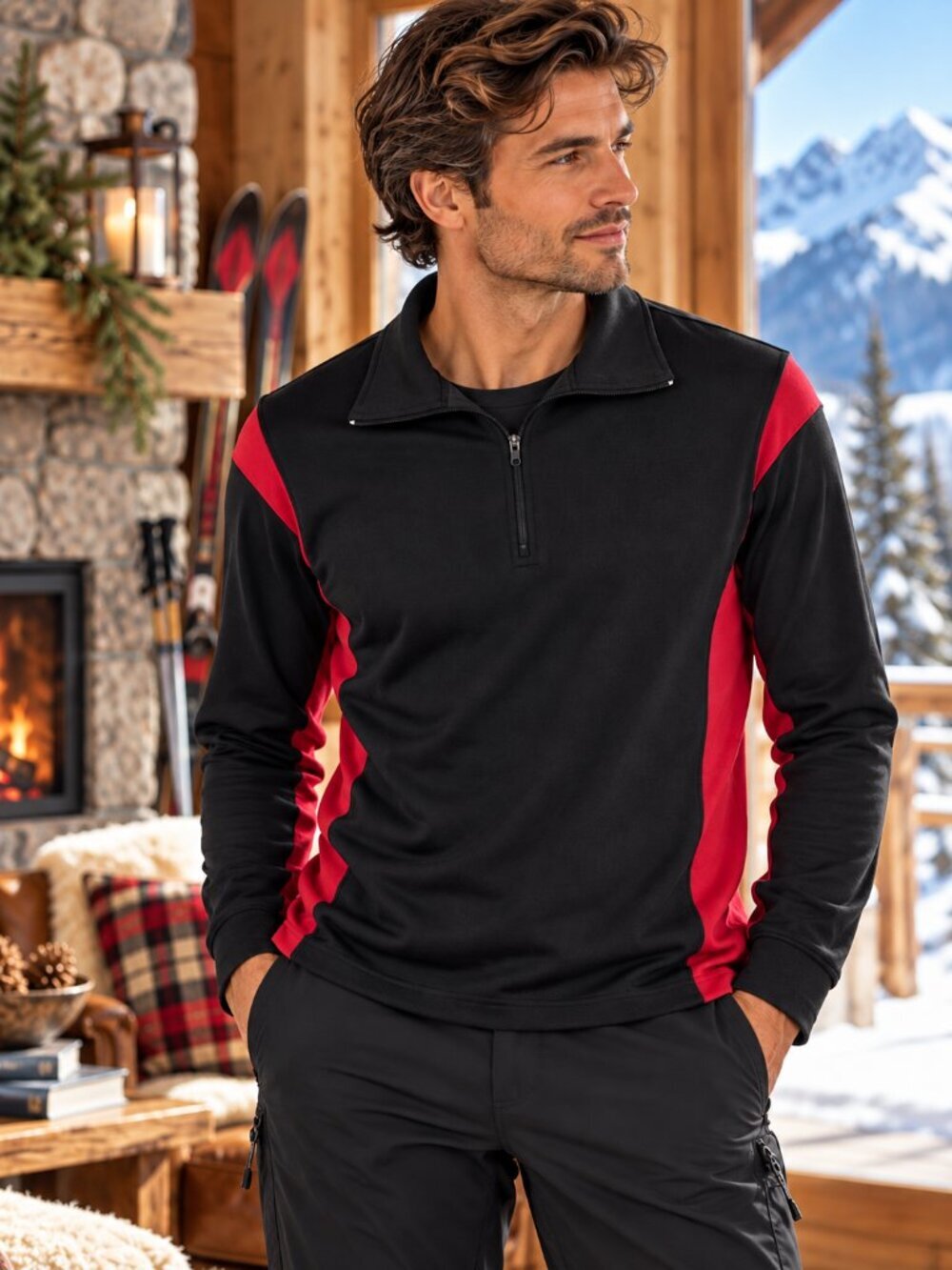 Lambert Mens New Zealand Merino Wool Red Black Sweater L 1/4 Zip Ski Baselayer